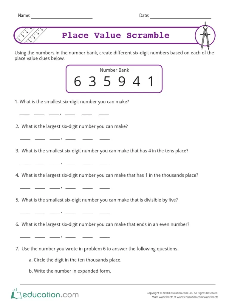 Fourth grade students working on a Place Value Scramble worksheet with number-building challenges