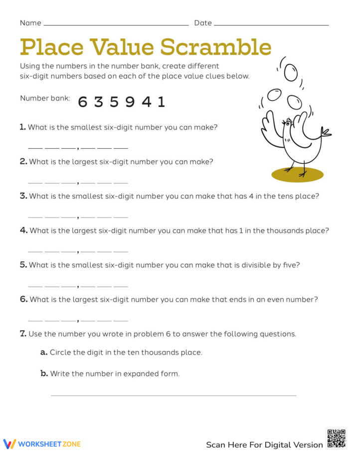 Place Value Scramble worksheet for fourth graders featuring number-building challenges using a number bank