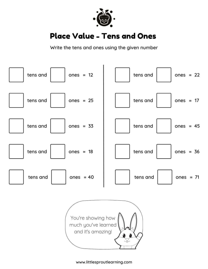 First grade student worksheet for practicing place value with tens and ones columns