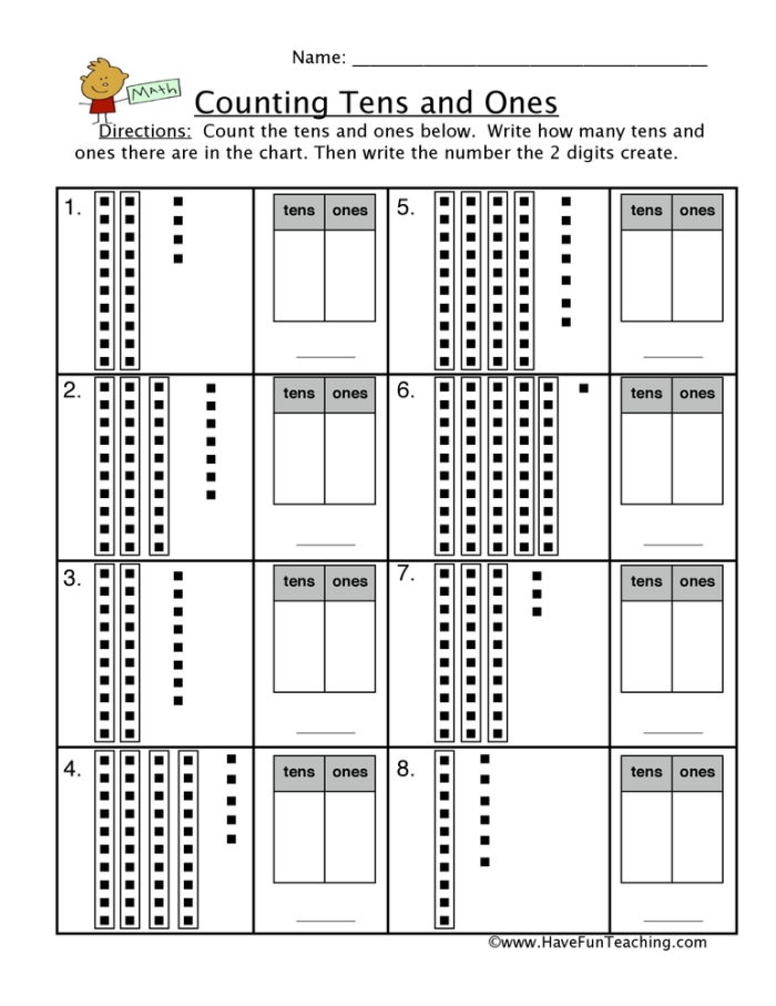 First grade student working on a place value counting tens and ones worksheet
