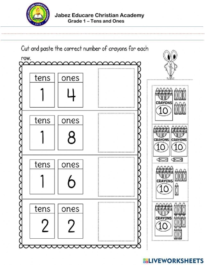 Counting Tens and Ones worksheet for first graders focusing on place value