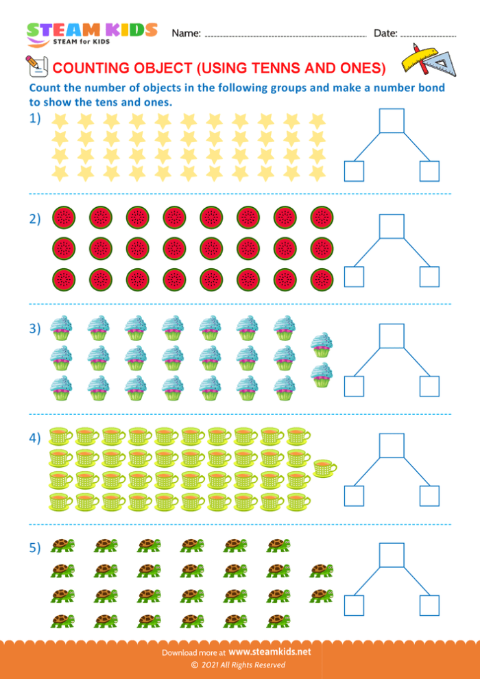 First grade math worksheet focusing on counting tens and ones for place value practice