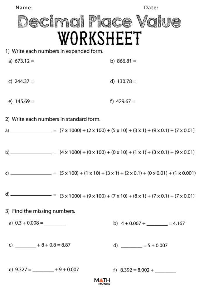 Thousandths Place Value Practice Worksheet for Kids Worksheet for practicing place value with thousandths for third graders