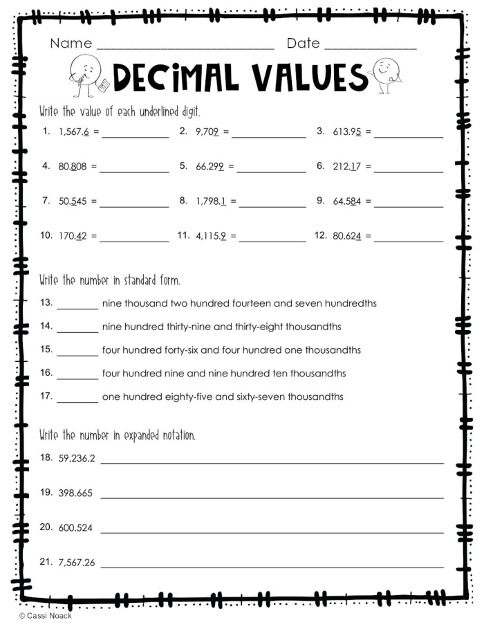 Thousandths place value practice worksheet for kids in third grade Worksheet for practicing place value with thousandths for third graders