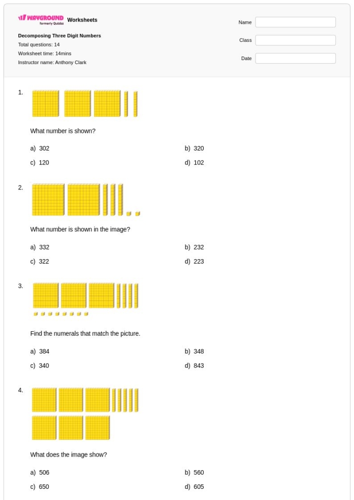Second grade student working on a three-digit numbers place value worksheet