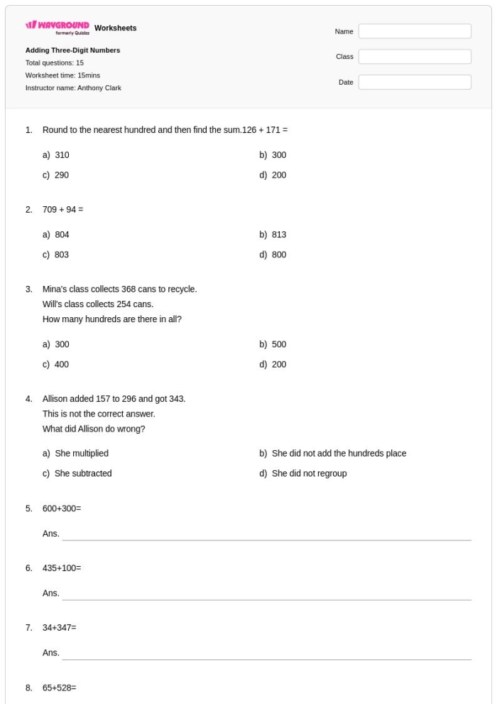 Second grade students practicing place value with three-digit numbers on a printed educational worksheet 17