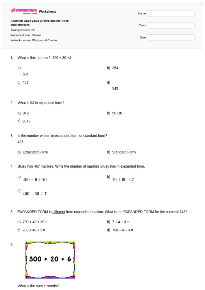 Worksheet on place value for three-digit numbers aimed at second graders