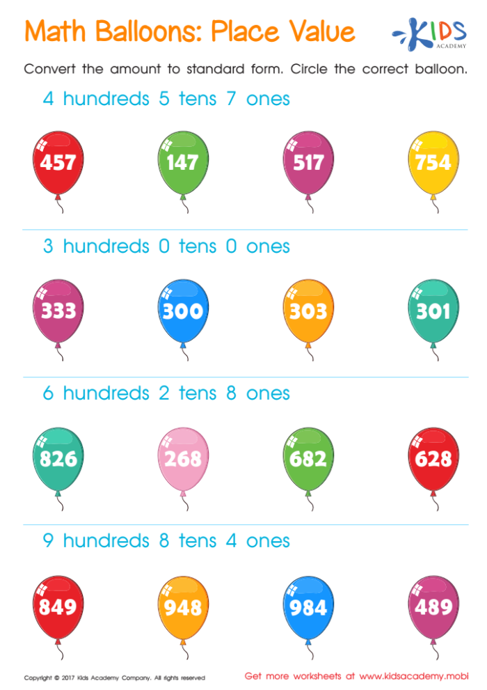 Worksheet illustrating place value concepts for four-digit numbers for fourth graders