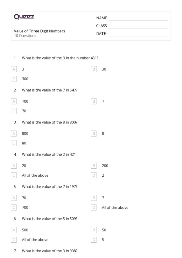 Worksheet featuring practice exercises on three-digit numbers place value
