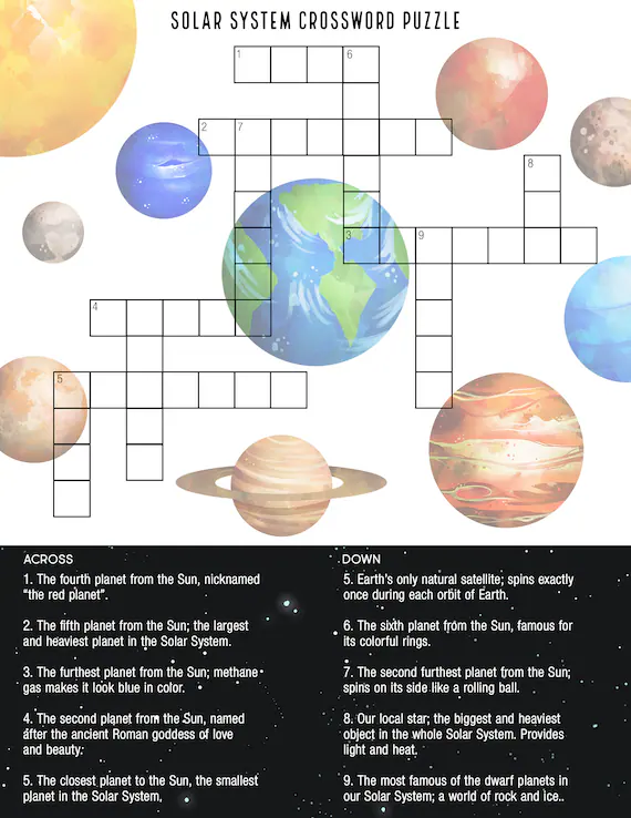 Colorful illustration of a crossword puzzle featuring images of the planets for third graders. Engaging Planet Pictures Crossword worksheet for Earth and Space Science.