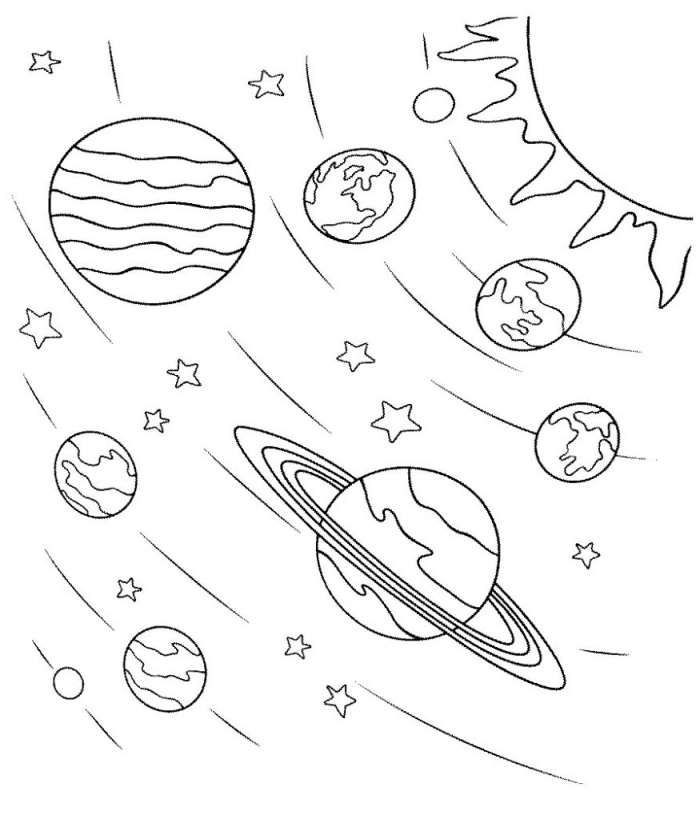 Coloring page featuring four unique planets for first graders to explore and color