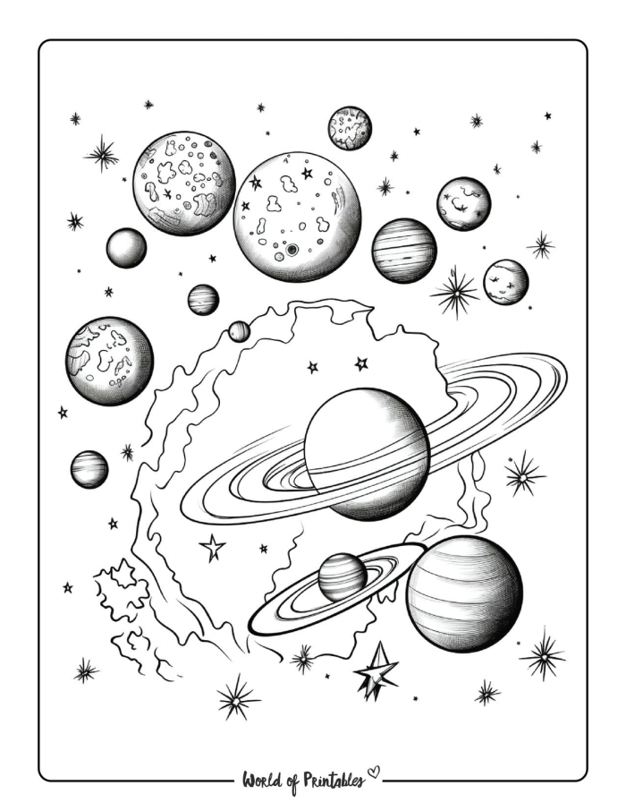 Coloring page featuring four imaginative planets for first graders to color and explore