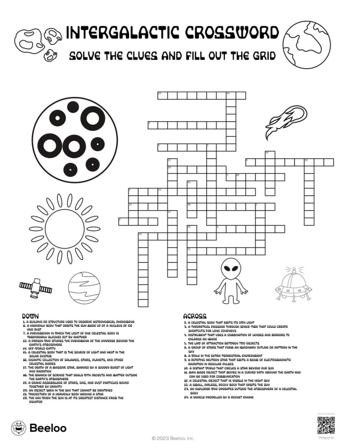 Crossword worksheet featuring images of planets for third graders