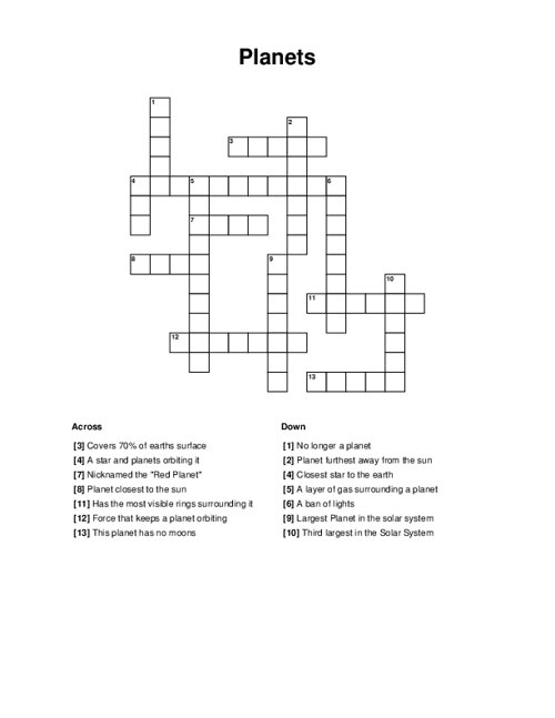 Third grade science worksheet featuring a fun intergalactic crossword puzzle about planet pictures