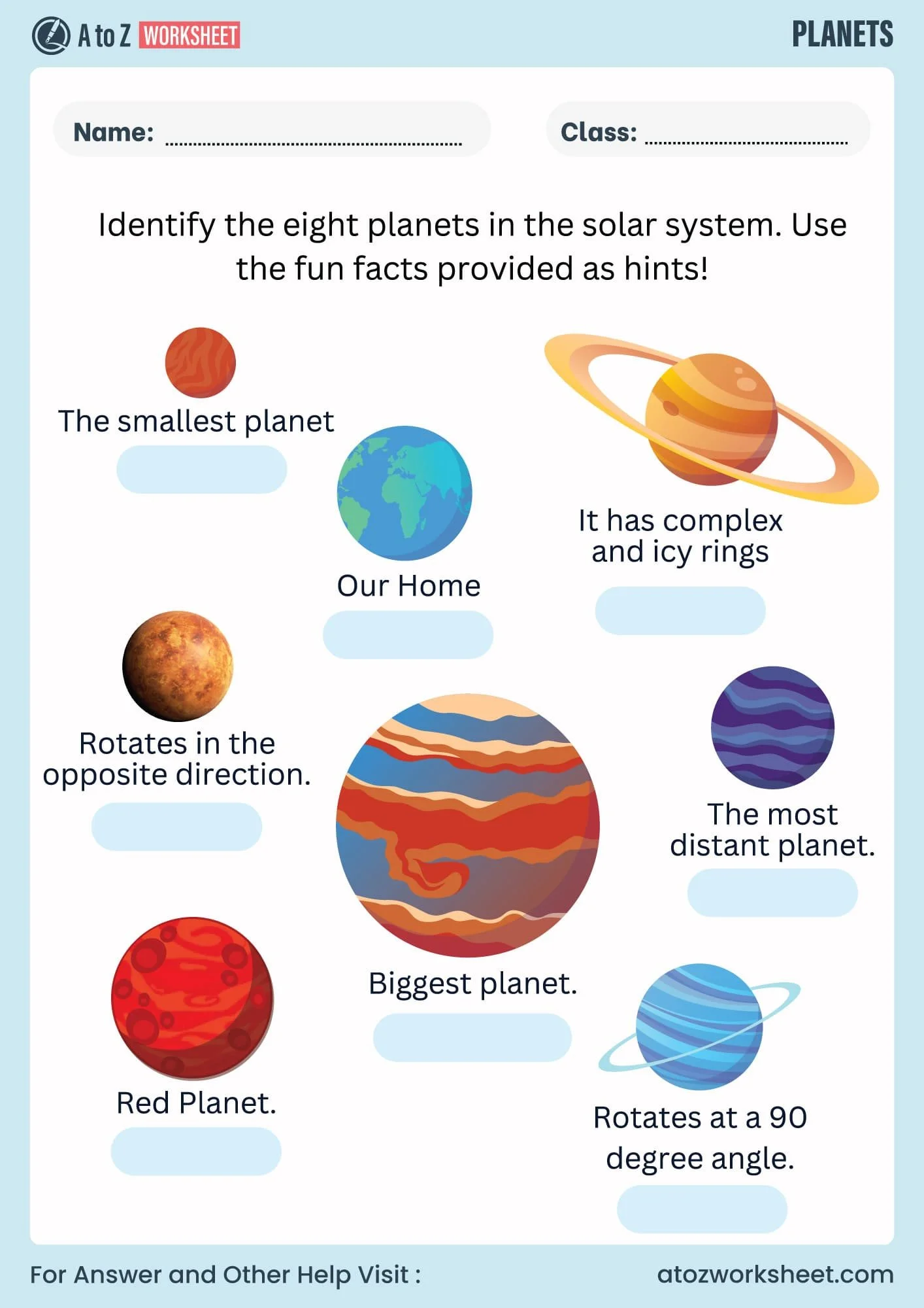 Third grade science worksheet for students to identify and label the eight planets in our solar system