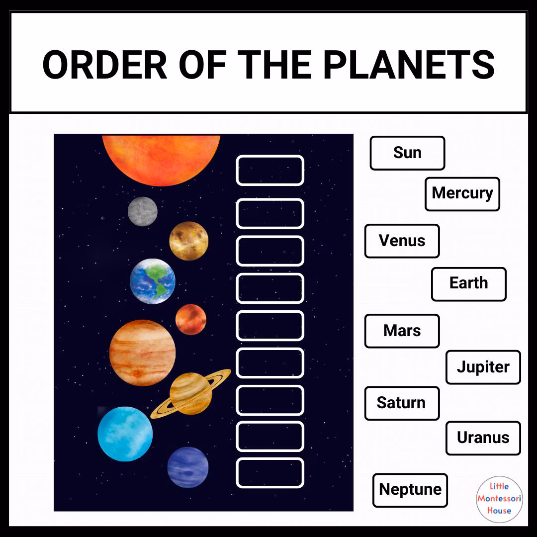 Third grade student practicing astronomy with a labeled planets in our solar system worksheet