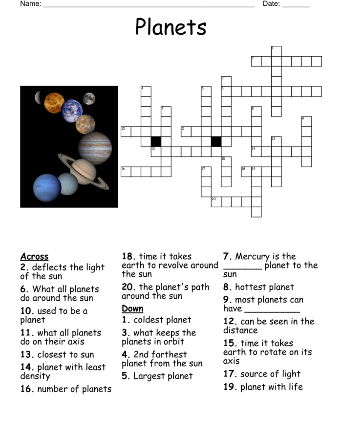 Crossword worksheet featuring planet images for third graders to enhance their Earth and Space Science knowledge