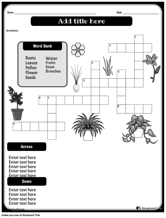 First grade student working on a plant parts crossword puzzle worksheet