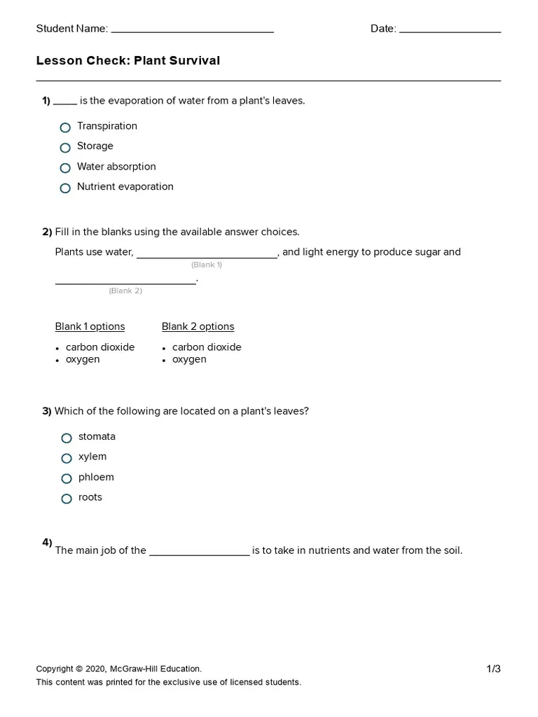Image title for worksheet number 25 focusing on ratios and proportions in botany for kindergarten ALT text for a Plant Survival worksheet showing various plants and their growth needs