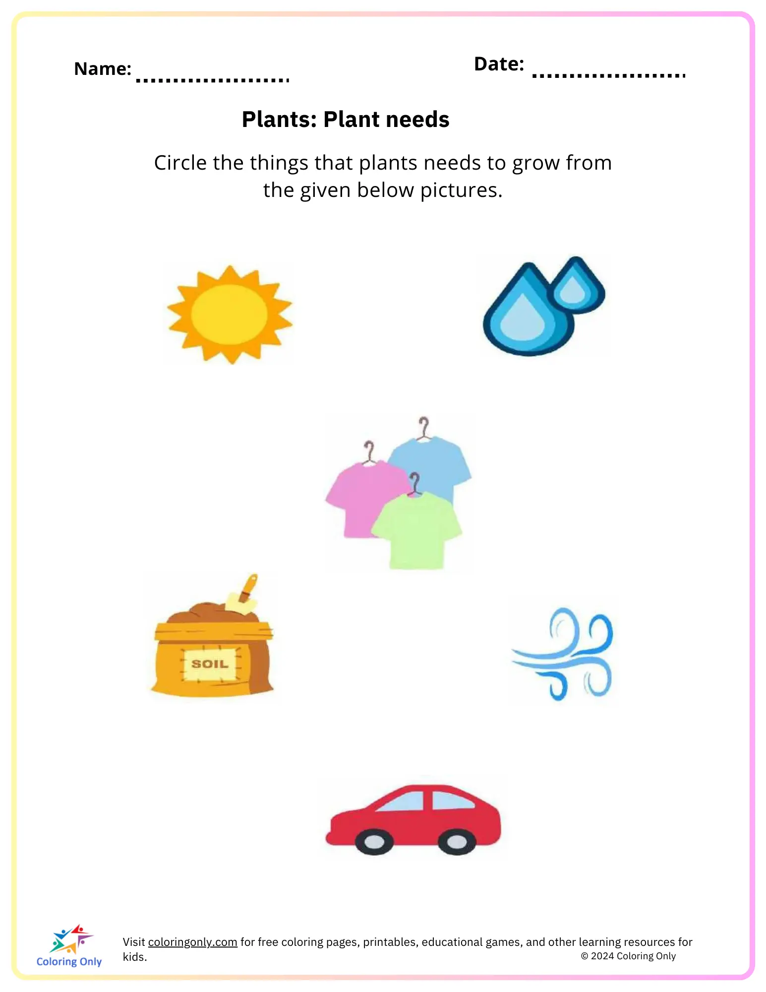 What Do Plants Need educational activity for young learners image 20 First grade worksheet showing plants and objects to identify what plants need to grow and survive