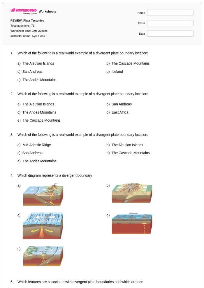 Sixth grade students analyzing geological diagrams on a plate tectonics worksheet to understand Earth history