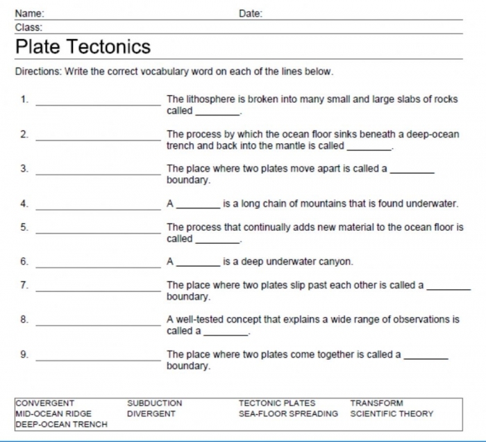 Fifth grade science worksheet introducing the concept of plate tectonics
