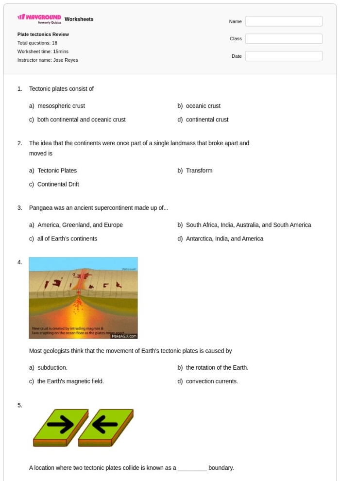 Fifth grade students learning about plate tectonics and Earth's moving continental plates on a geology worksheet