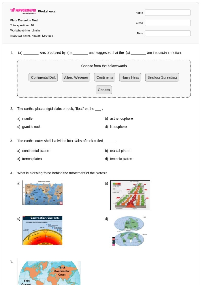 Fifth grade science worksheet introducing the concept of plate tectonics