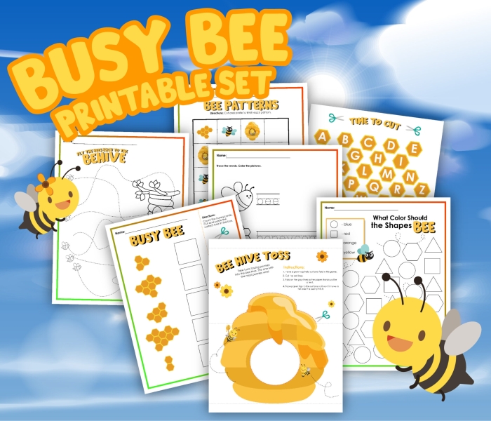 Colorful Play Busy Bees worksheet featuring engaging graphics for preschoolers