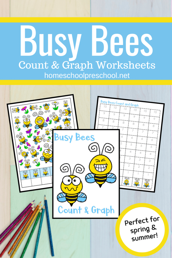 Cute and colorful graphics from the Play Busy Bees worksheet for preschoolers