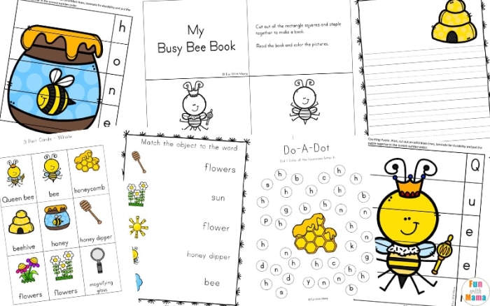 Colorful Play Busy Bees worksheet featuring engaging graphics for preschoolers