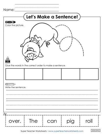 Writing worksheet for First Grade Cute pig playing in the mud for a sentence building worksheet. Playful Pig Sentence Building Activity for First Grade.