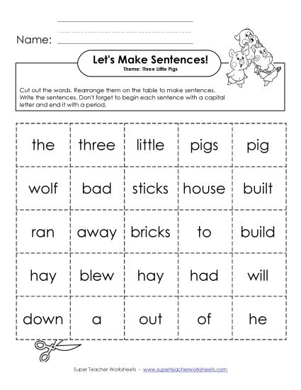 Engaging worksheet image for constructing sentences with a fun pig theme Playful pig rolling in mud encouraging sentence building for first graders