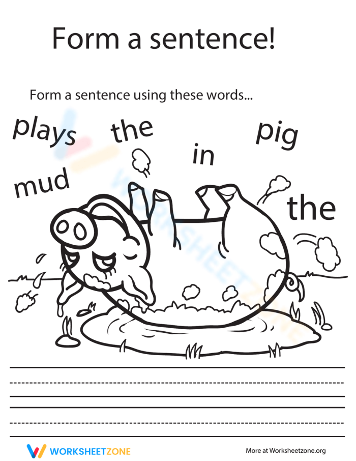 Writing worksheet for First Grade Playful pig enjoying a muddy roll, inviting kids to build sentences. First Grade Playful Pig Sentence Building worksheet image.