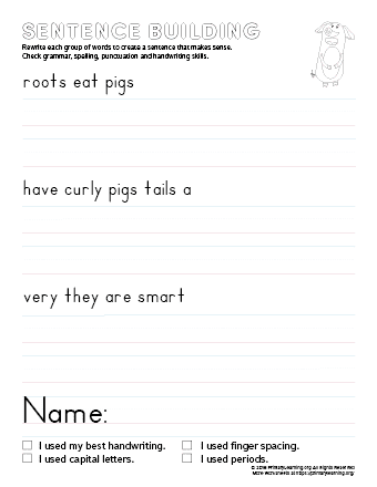 Writing worksheet for First Grade A cheerful pig gleefully rolling in mud, inspiring sentence building for first graders. Playful Pig Sentence Building Worksheet for engaging writing practice.