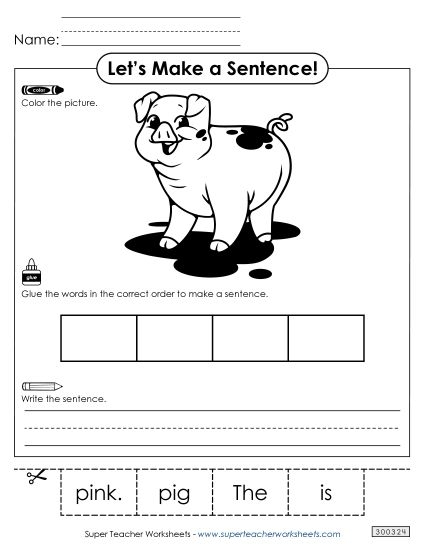 Writing worksheet for First Grade A cheerful pig rolling in mud inspires sentence building for first graders. Playful Pig Sentence Building worksheet for creative writing fun.