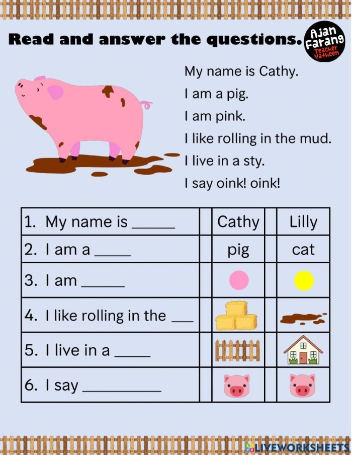 Writing worksheet for First Grade A cheerful pig rolling in mud encourages first graders to build sentences. Playful Pig Sentence Building worksheet for first grade writing practice.