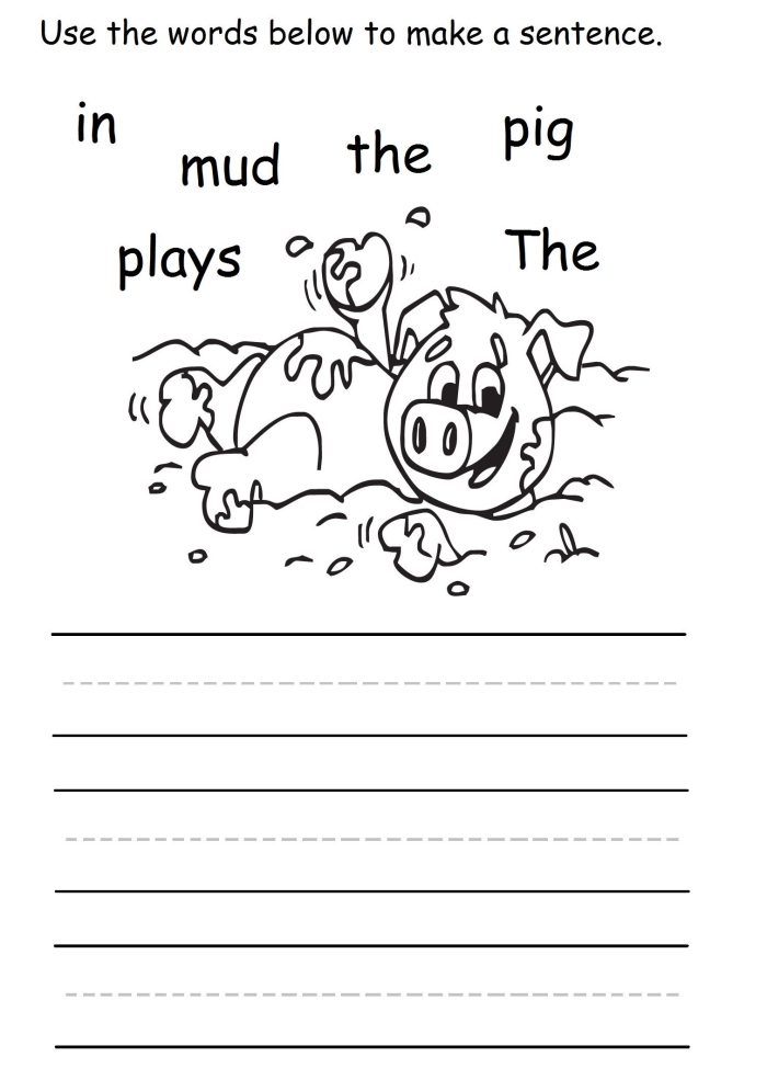 Sentence Building Worksheet featuring a playful pig in a muddy scene for first-grade learners. Playful pig rolling in mud, inviting children to build sentences. Worksheet for first graders to enhance writing skills with fun.