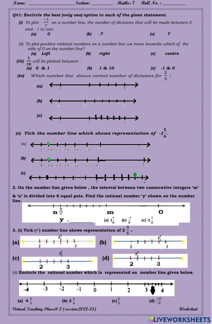 Sixth grade student plotting positive and negative fractions and decimals on a horizontal number line worksheet