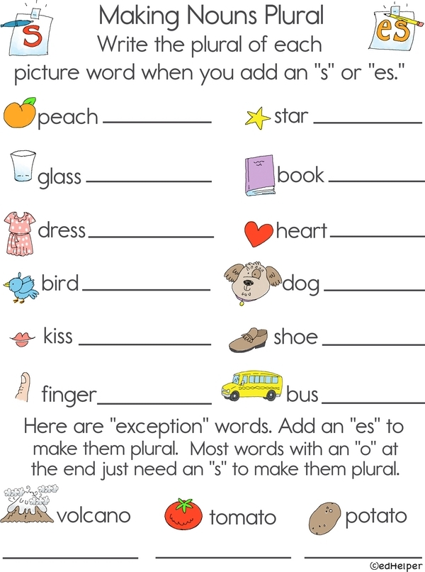 Worksheet for identifying correct plural endings "S" and "ES" for first graders