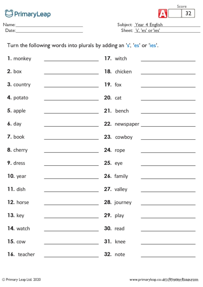 Worksheet for first graders focusing on plural endings "S" and "ES" with various words