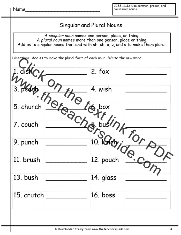 Practice worksheet focusing on adding s or es to change singular nouns to plural Worksheet for converting singular nouns to plural nouns for second graders