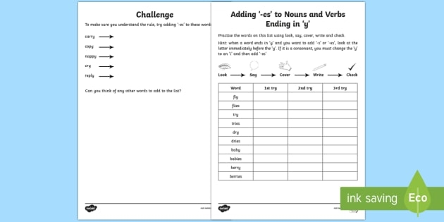Second grade grammar worksheet focusing on changing singular nouns ending in y to plural ies