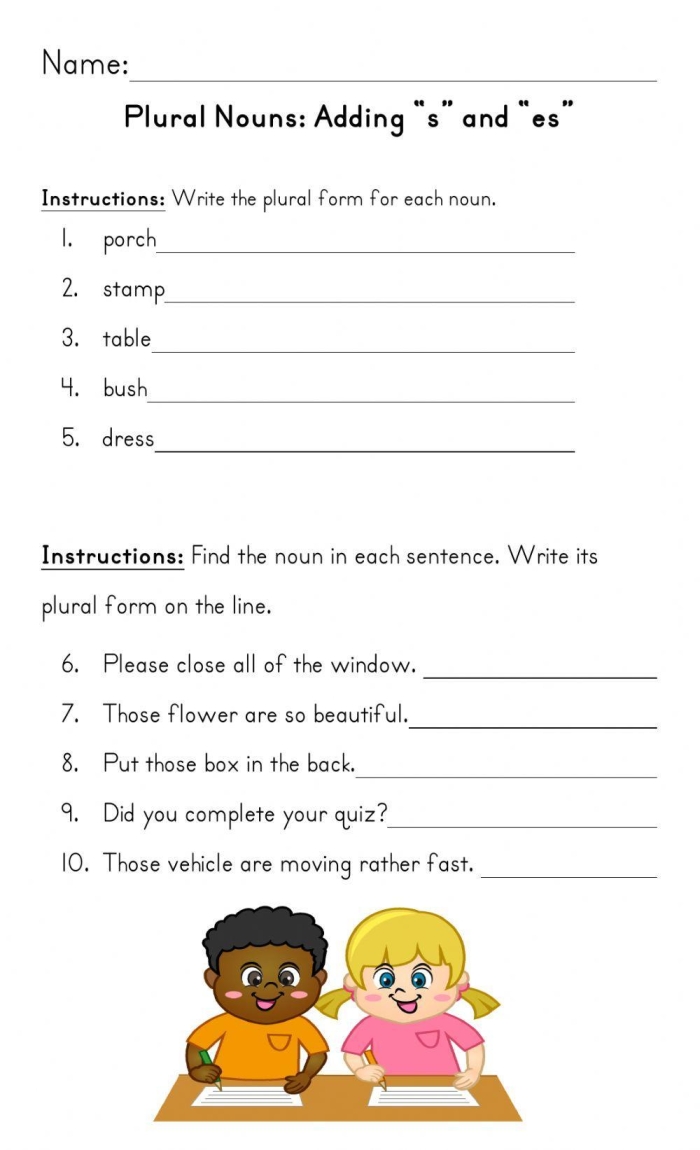 Second grade grammar worksheet showing practice exercises for adding s or es to make singular nouns plural with example words and fill-in-the-blank activities
