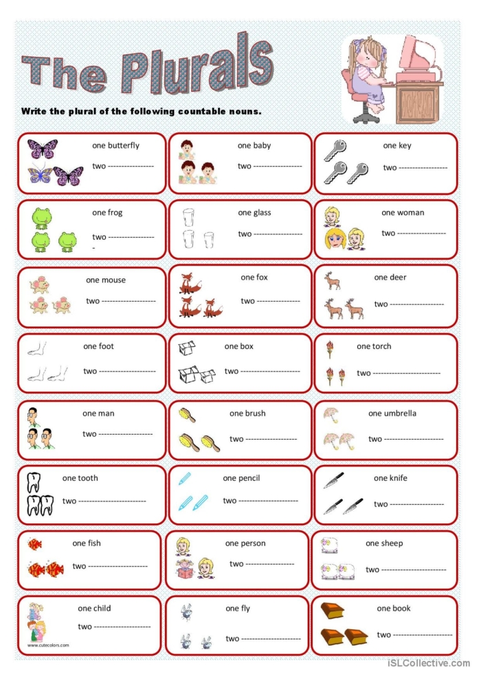 Plural Nouns Practice Worksheet for Grade 3 Number 24 Third grade student completing a plural nouns grammar worksheet