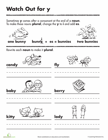 Second grade grammar worksheet showing exercises for converting singular nouns ending in y to plural forms using s or ies rules