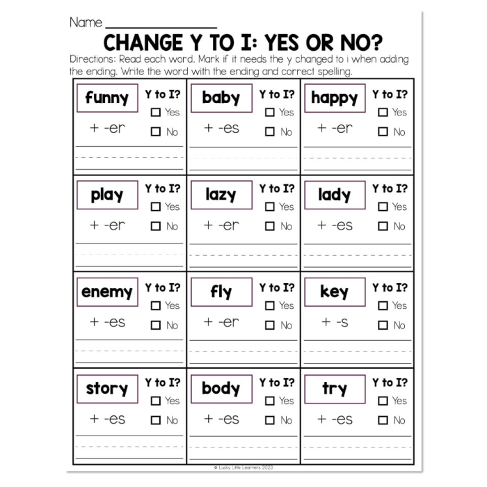 Second grade grammar worksheet showing singular nouns ending in y with their plural forms using s or ies endings