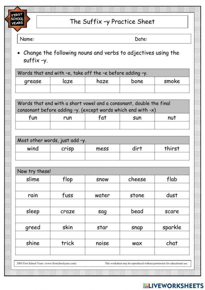 Second grade grammar worksheet showing exercises for converting singular nouns ending in y to plural forms by adding s or changing y to ies