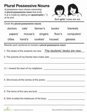 Plural Possessive Nouns Practice Activity for Elementary Grammar Instruction Third grade grammar worksheet showing examples of plural possessive nouns with practice exercises for students learning punctuation rules