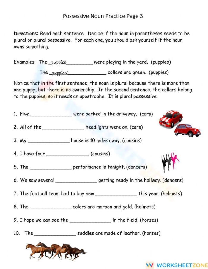 Great Grammar Plural Possessive Nouns Practice Sheet 10 Third grade grammar worksheet showing examples of plural possessive nouns with practice exercises for students